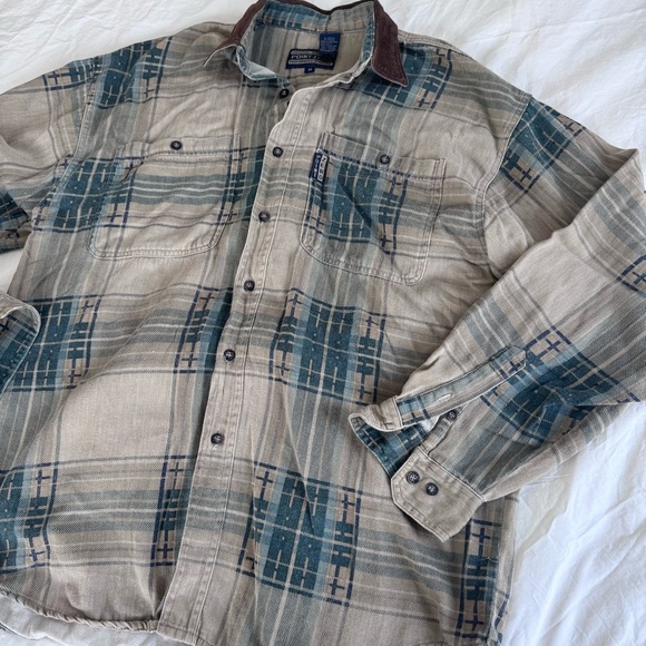 POINT ZERO WORKWEAR VINTAGE PLAID BUTTON DOWN TAN AND TEAL - M - Picture 6 of 17